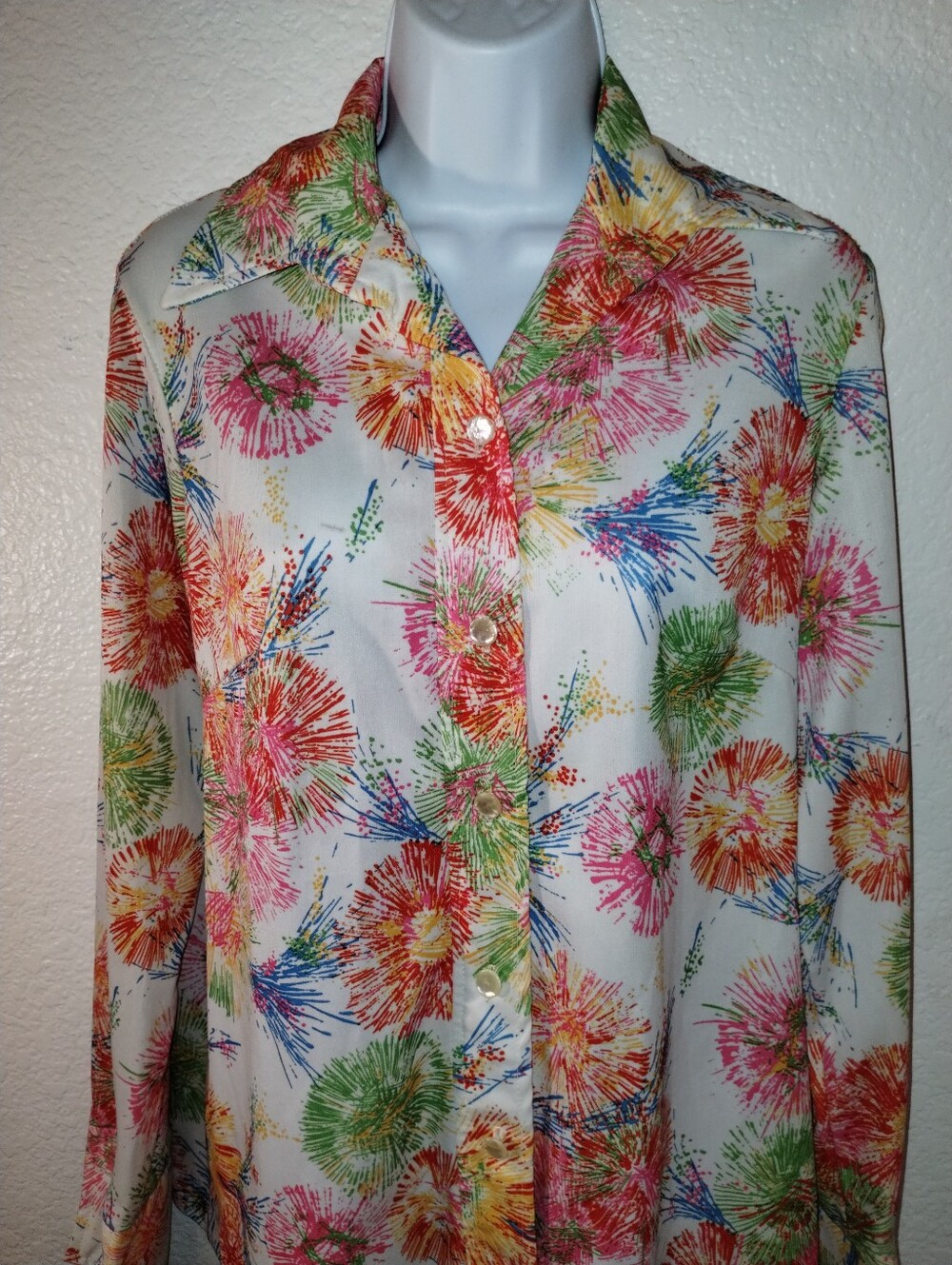Vintage Firework Print Button-Up Blouse Pink Green Orange Blue Cream sz Large